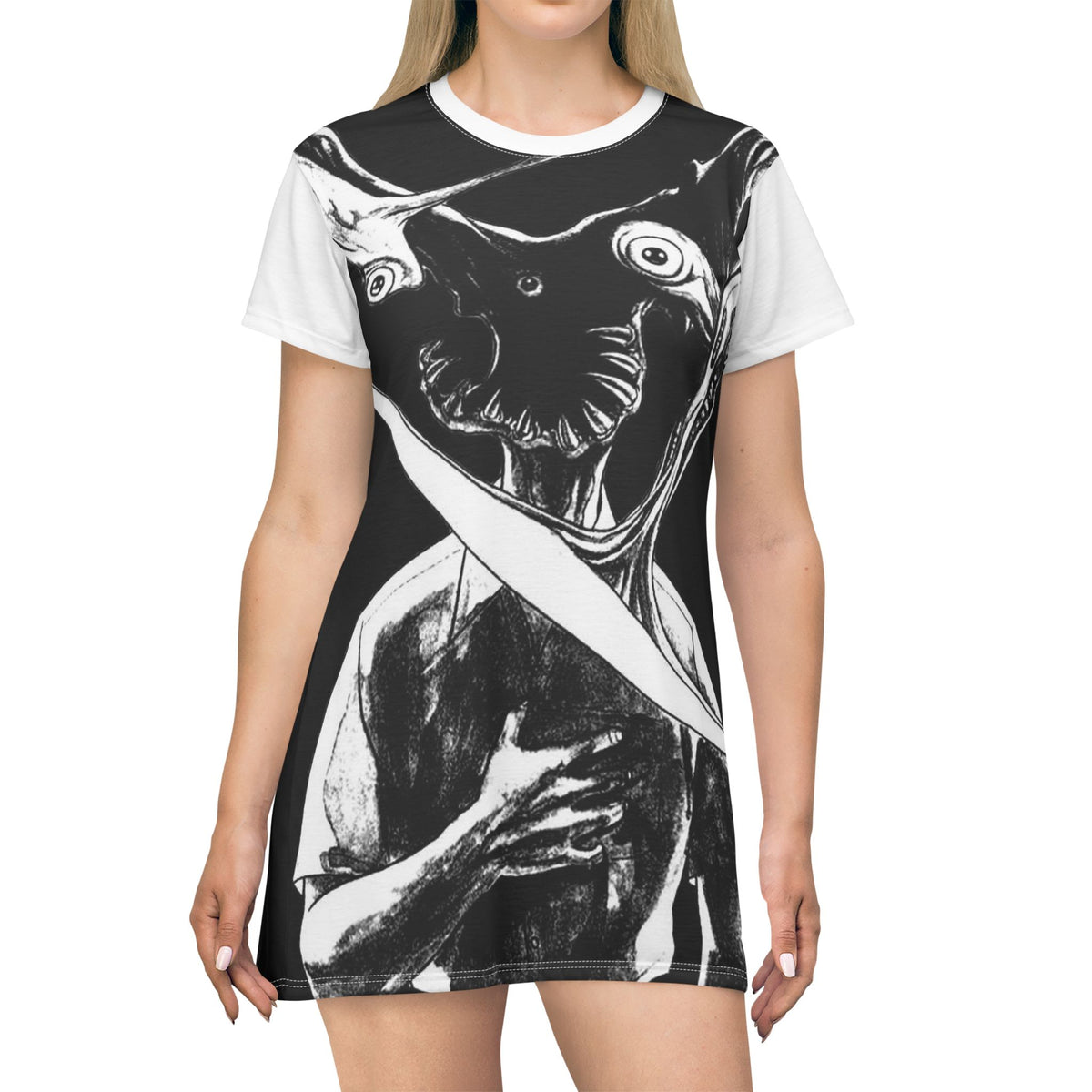 Creepy Anime Horror T-Shirt Dress — Black Surreal Monster Graphic