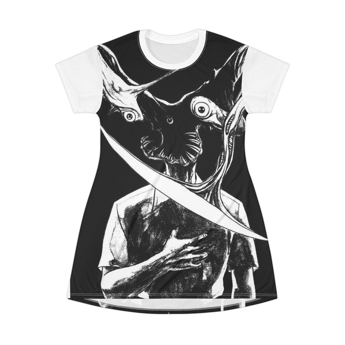 Creepy Anime Horror T-Shirt Dress — Black Surreal Monster Graphic
