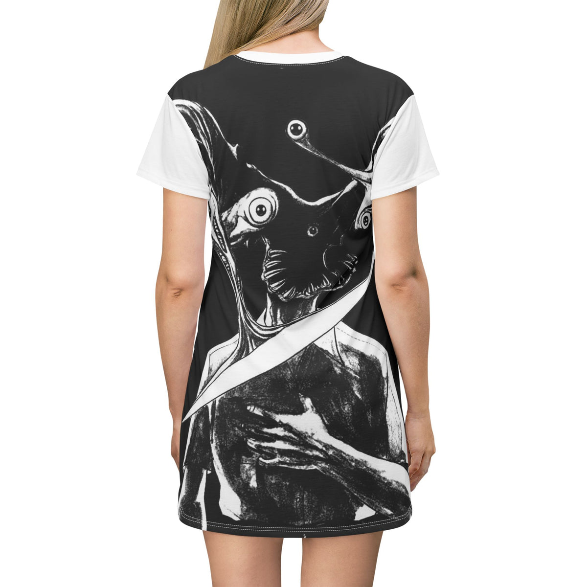 Creepy Anime Horror T-Shirt Dress — Black Surreal Monster Graphic